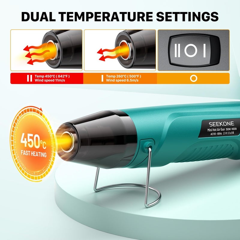 SEEKONE 350W Mini Heat Gun, Dual-Temp Model 500℉ & 842℉（260℃ & 450℃）Fast Heat Hot Air Gun with Overheat Protection and Reflector Nozzle for Heat Shrinking Tubes, Shaping, PVC Tubing（4.9FT） - Image 2